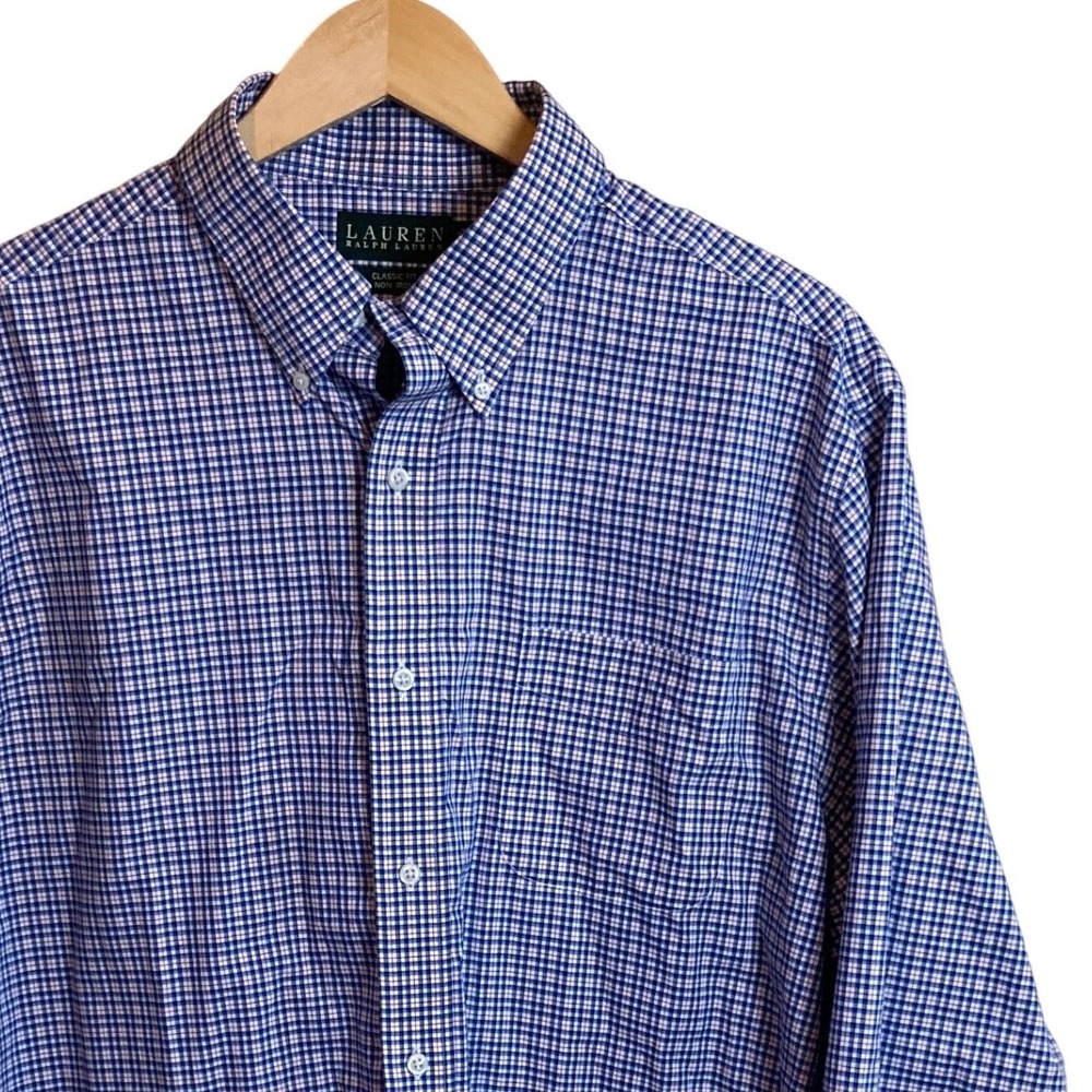 Lauren Ralph Lauren Mens Classic Fit Dress Shirt 17.5 34/35 Non Iron Blue Check